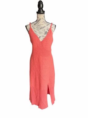 MaddenNYC Crochet Knit Midi Dress XL Coral Side Slit Boho Beach Coastal Vacation